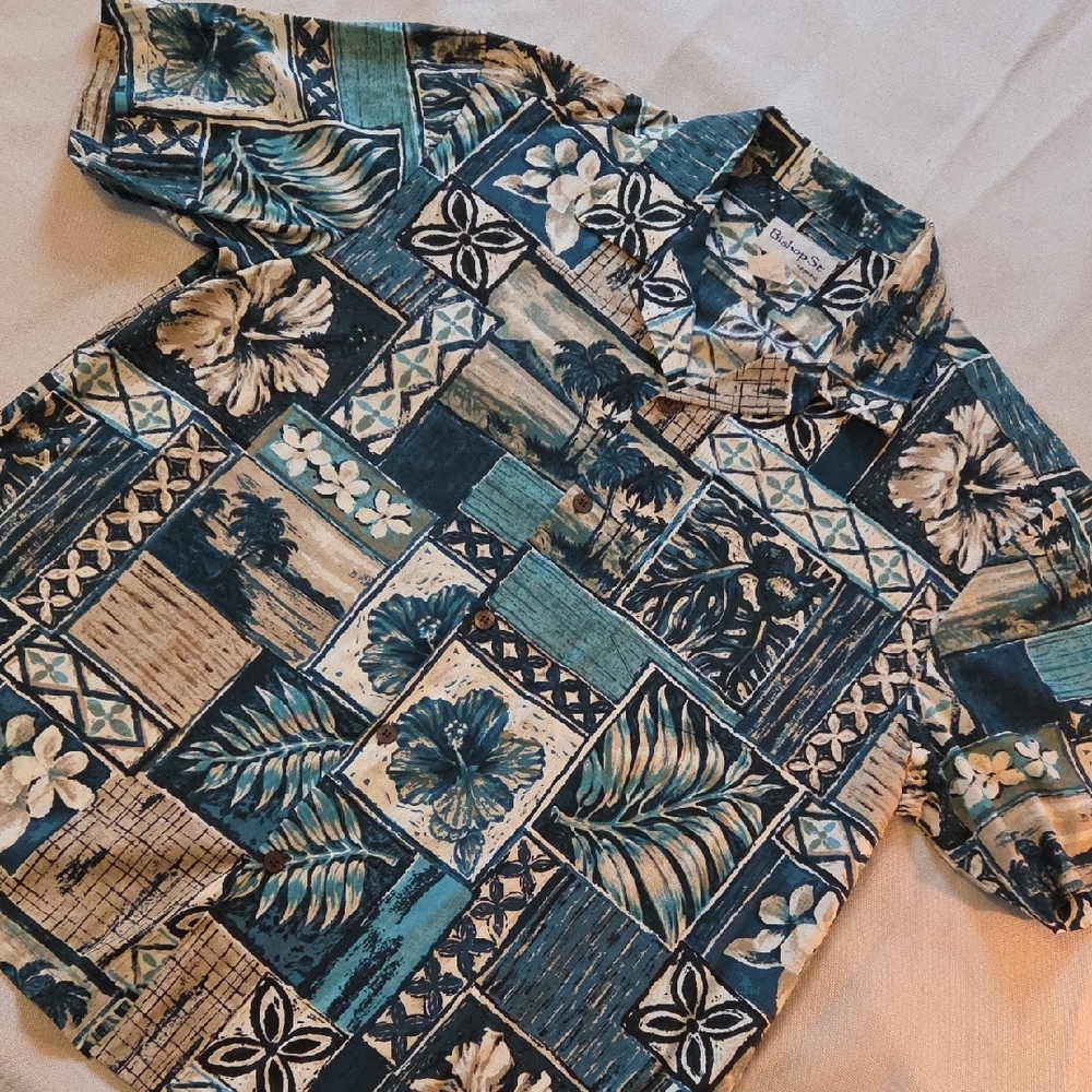 VINTAGE Bishop St Green Tan Button Up Hawaiian Shirt Cotton USA Size 2XL XXL